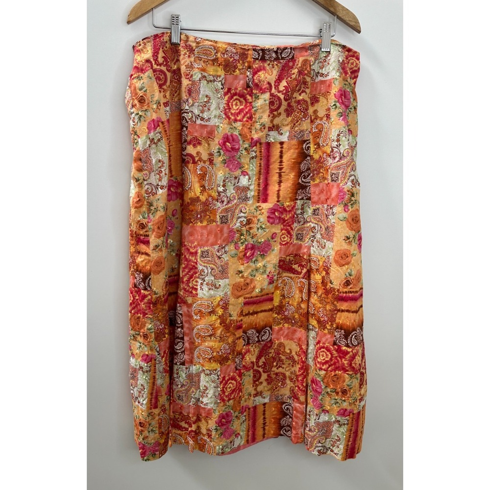 CJ Banks Orange Paisley Floral Patchwork Embroidered Midi Skirt Boho Plus Sz 16W - Picture 2 of 12